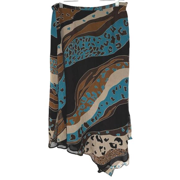 Y2K Silk Asymmetrical Fairy Blue Brown Whimsygoth Skirt Ibiza Midi Size 6 - Picture 1 of 9